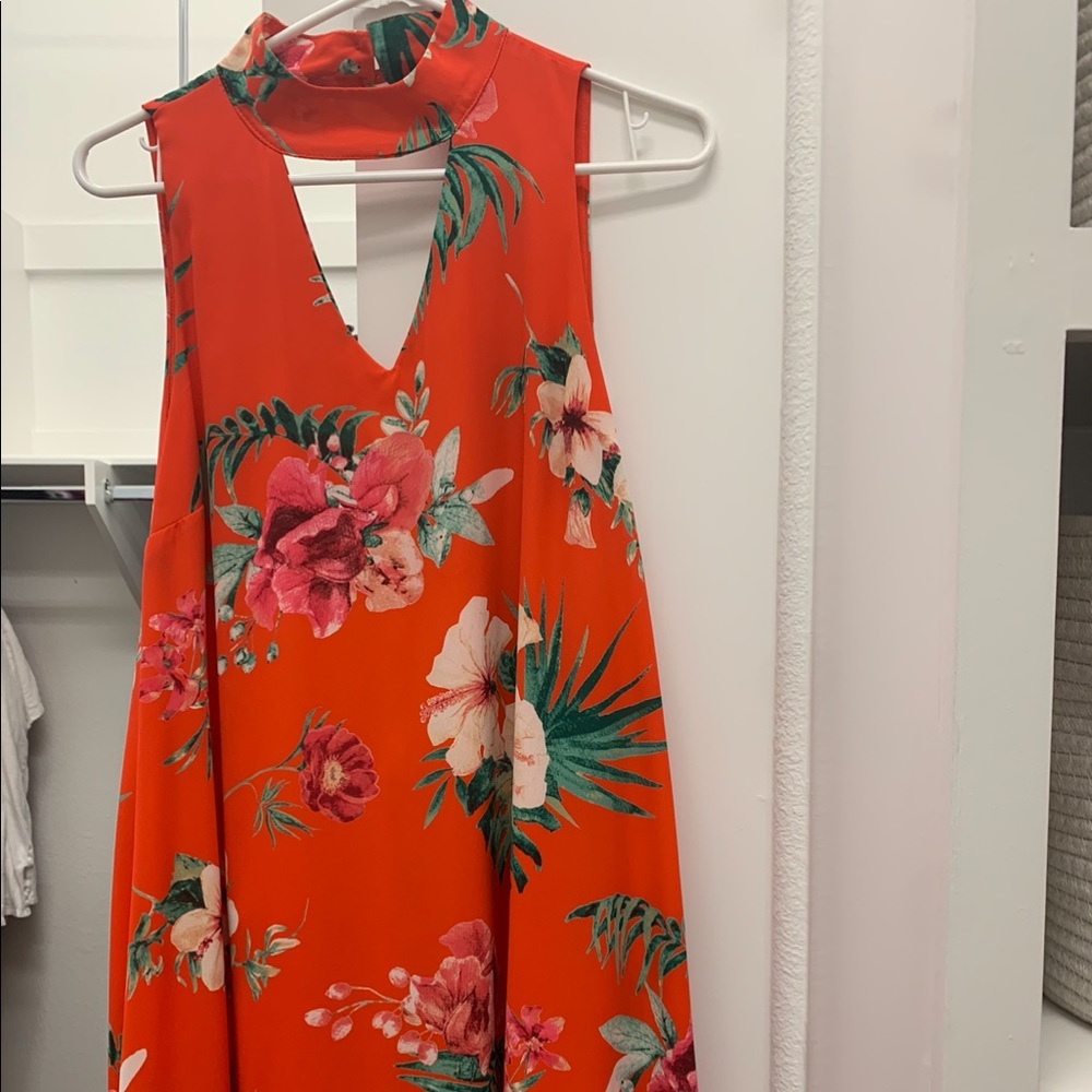 Red Floral High Neck Dress